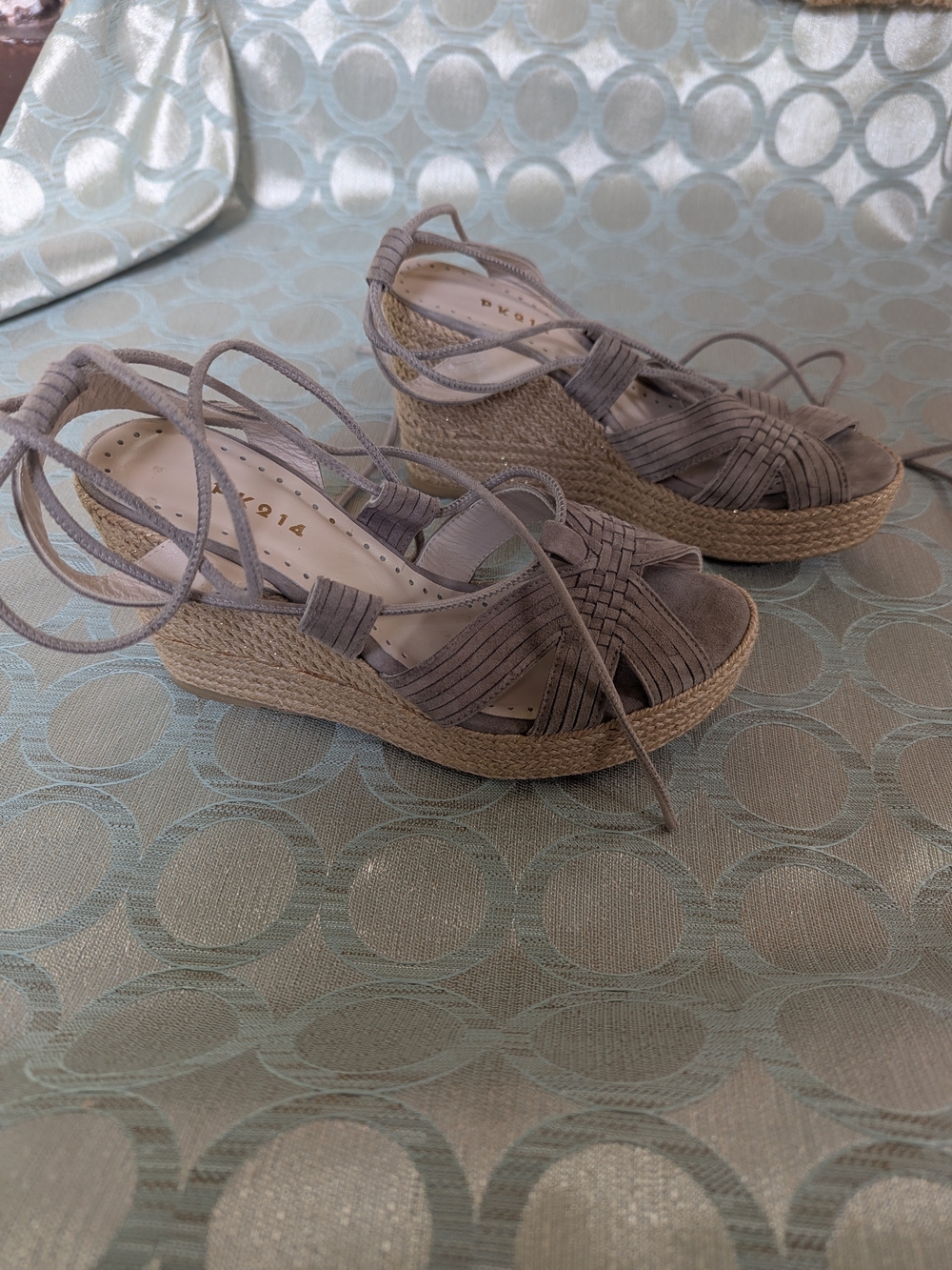 PK214 Lace-Up Woven Espadrille Wedge Sandals - Taupe - Picture 3 of 4